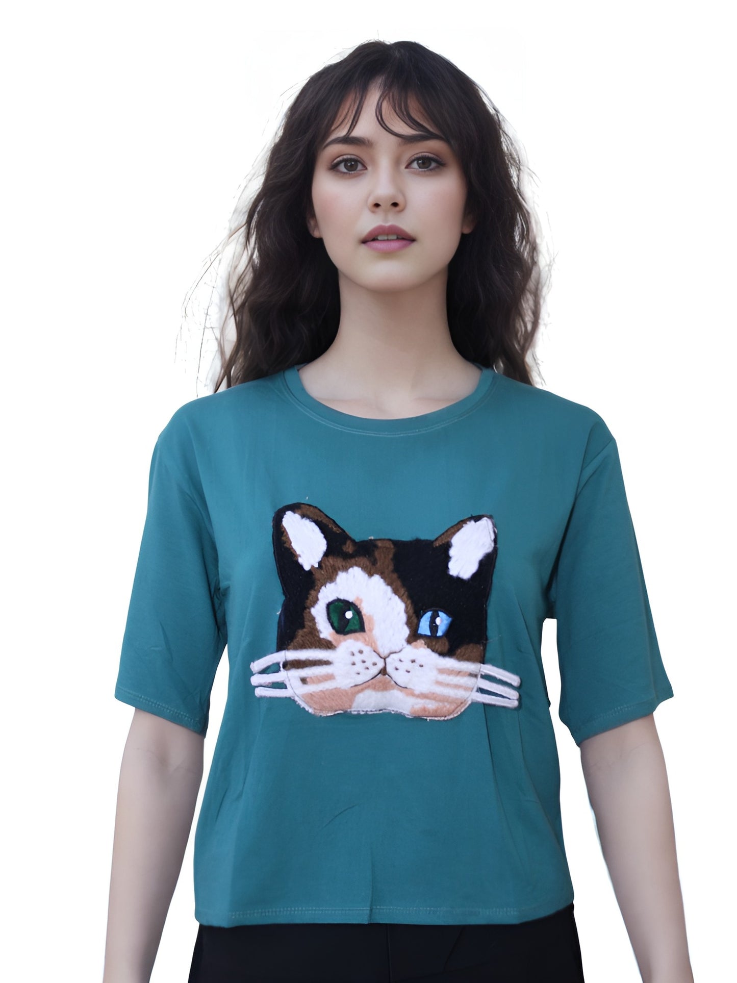 Trift Point Oversized Round Neck Printed Green Top for women's