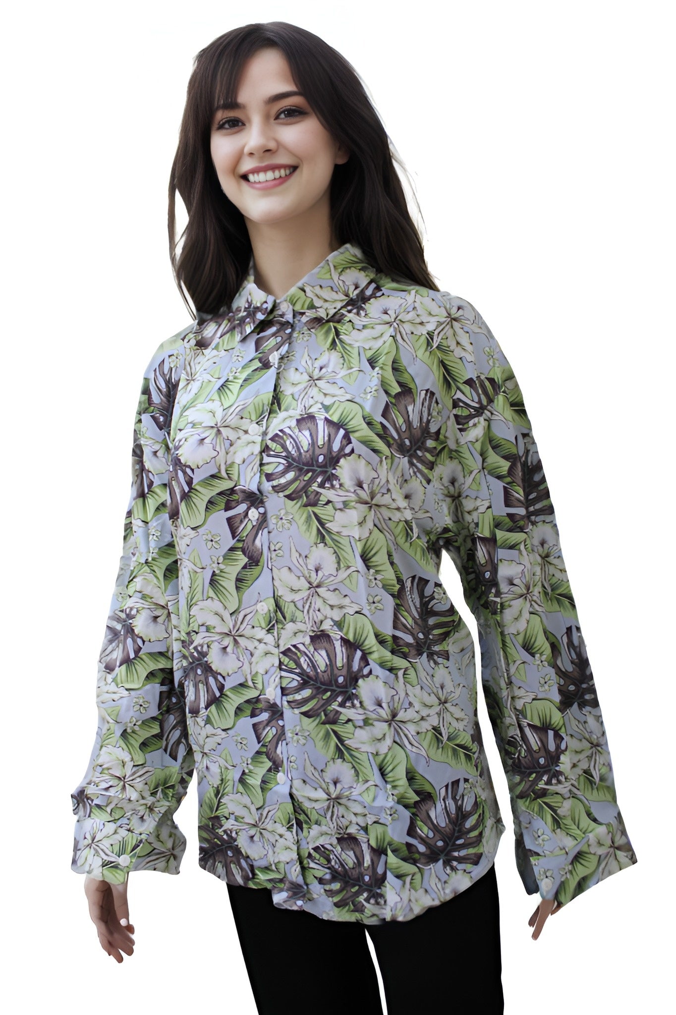 Women Classic Spread Collar Floral Printed Oversized Casual Shirt