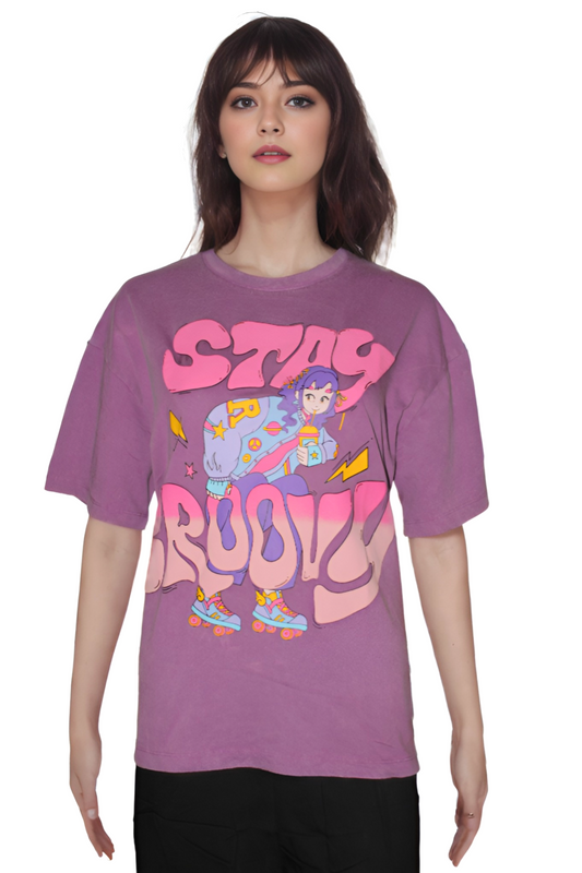 Women Cartoon Round Neck Pure Cotton Purple Over Size T-Shirt