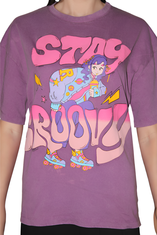 Women Cartoon Round Neck Pure Cotton Purple Over Size T-Shirt