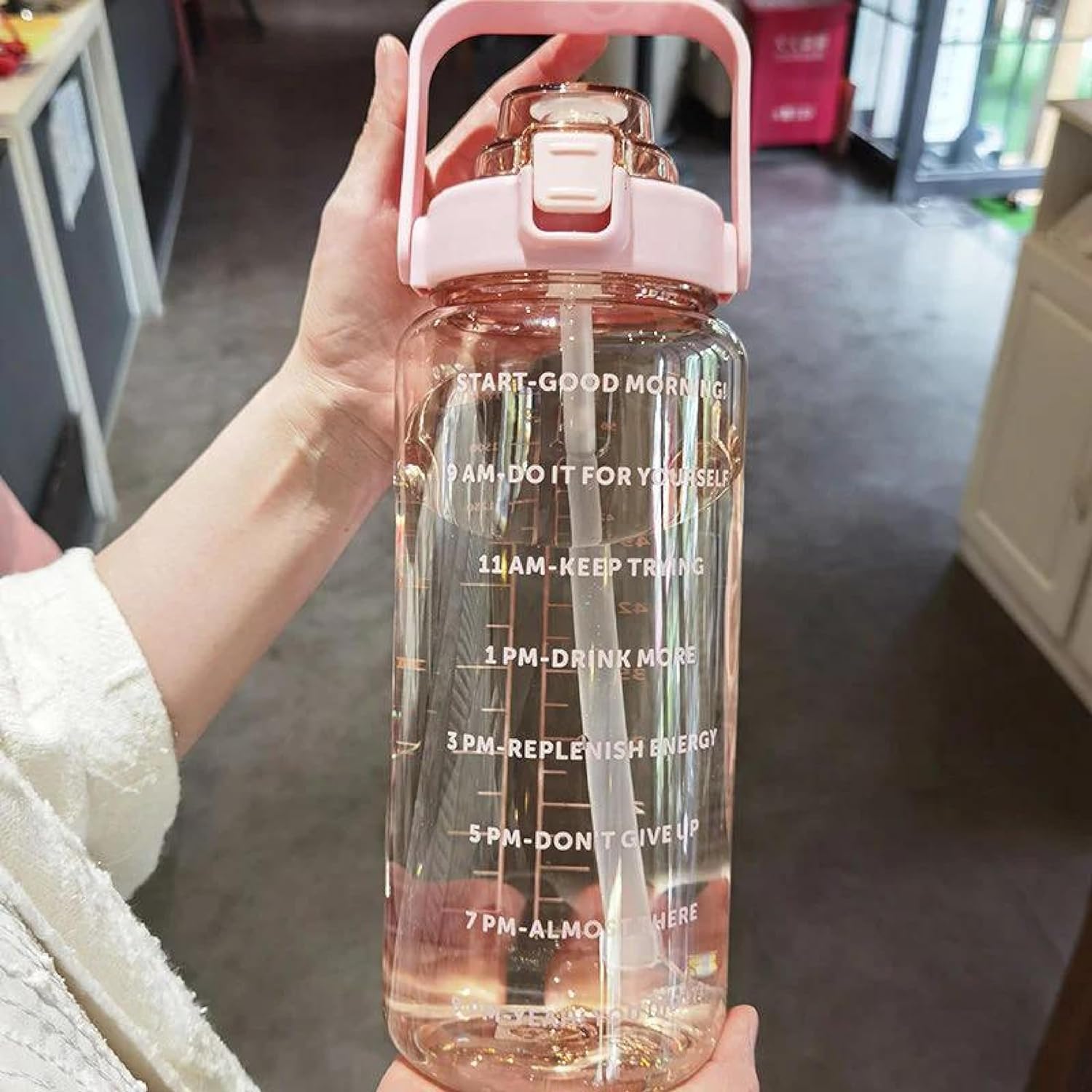 eumqestoer silicone 2 L Capacity Belt Straw Transparent Motivational Water Bottles|Time Marker Leak Proof&Break-Proof|Office/School/Gym/Travel Bottle|Bpa-Free Fitness Sports Bottle (PINK)