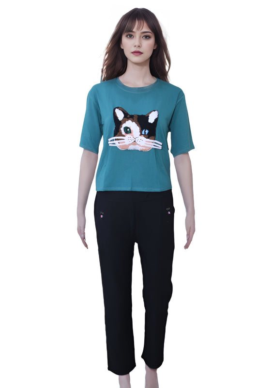 Trift Point Oversized Round Neck Printed Green Top for women's