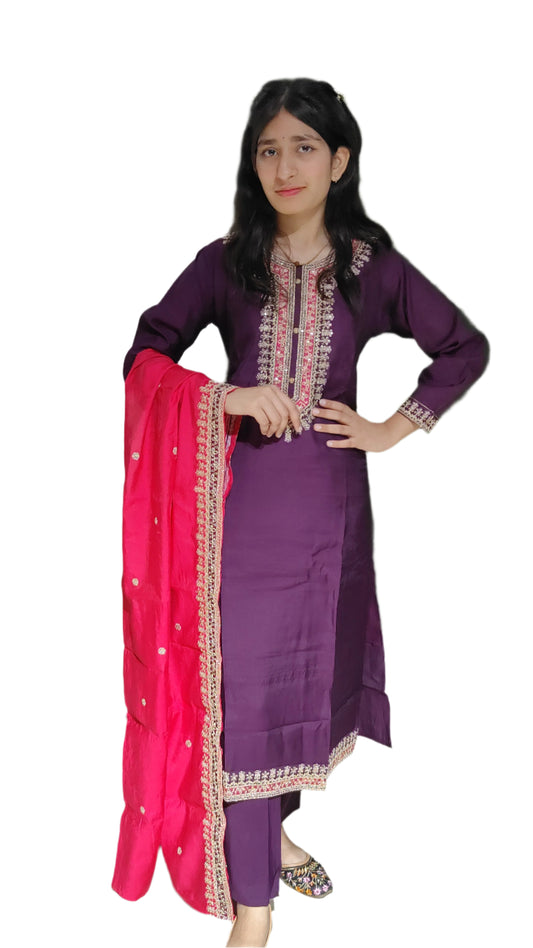 Elegant Purple Color Embroidered Kurti Set with Dupatta and Pant for Chic Appeal