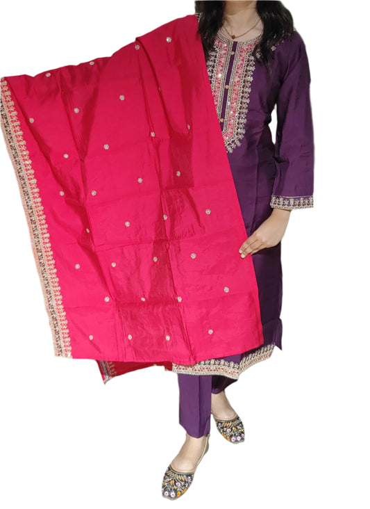 Elegant Purple Color Embroidered Kurti Set with Dupatta and Pant for Chic Appeal