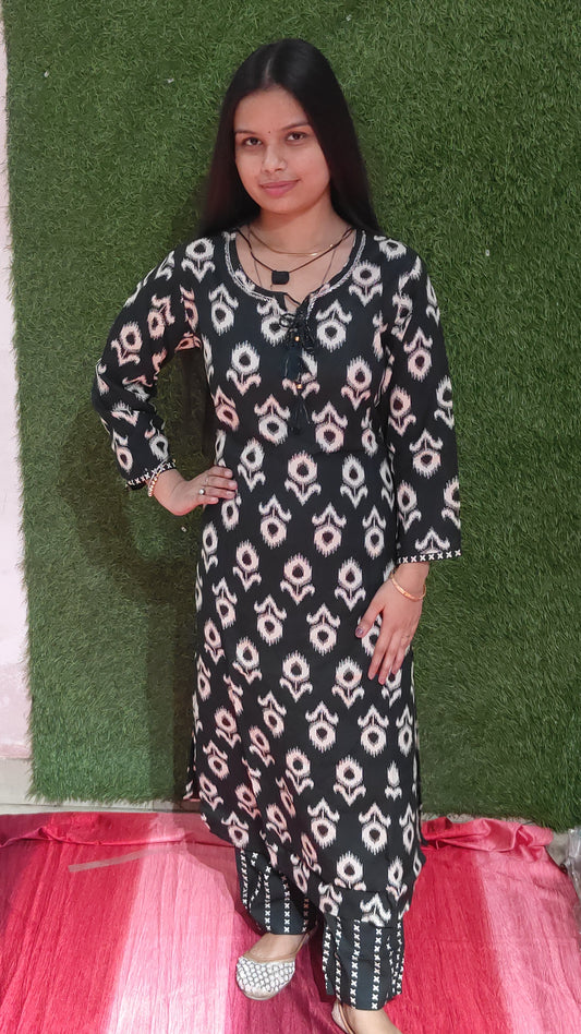 Classic Black Women Printed Pure Cotton Straight Kurta for Effortless Style