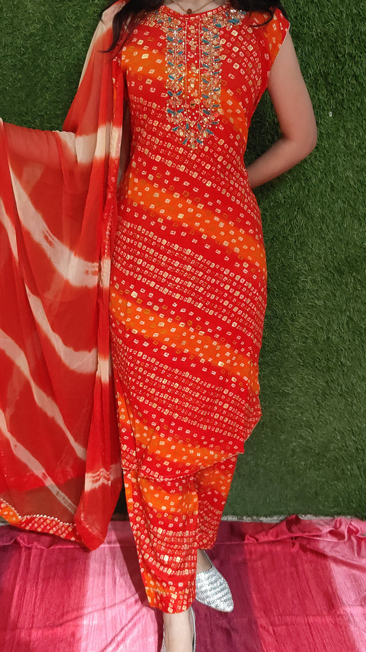 Elegant Cotton Rayon Printed 3 Piece Kurta Pant Dupatta Set for Women