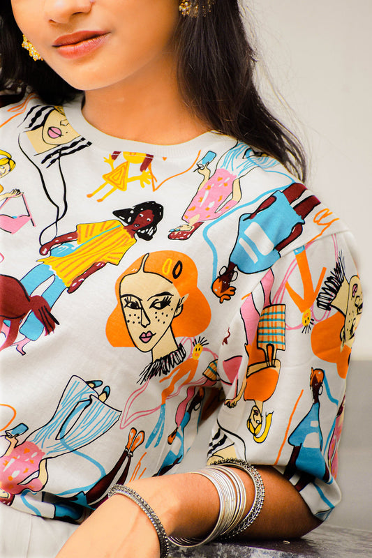 Women Abstract Printed Round Neck Free Size Cotton T-shirt