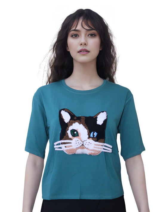 Trift Point Oversized Round Neck Printed Green Top for women's