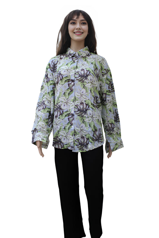 Women Classic Spread Collar Floral Printed Oversized Casual Shirt