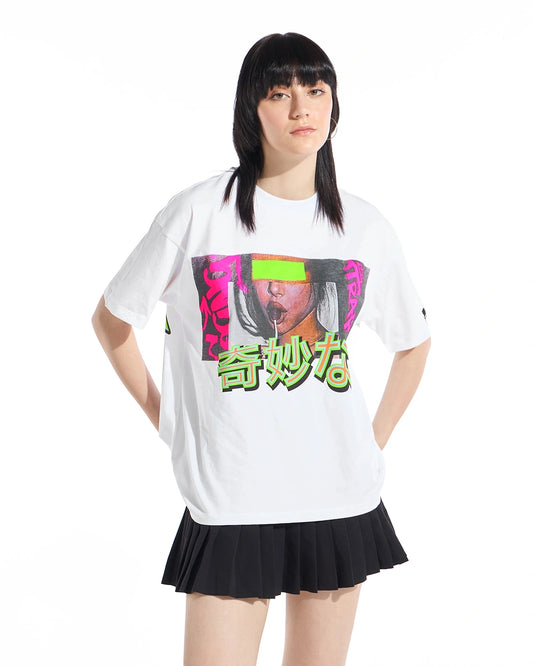 Women's White Sus Graphic Printed Oversized T-shirt