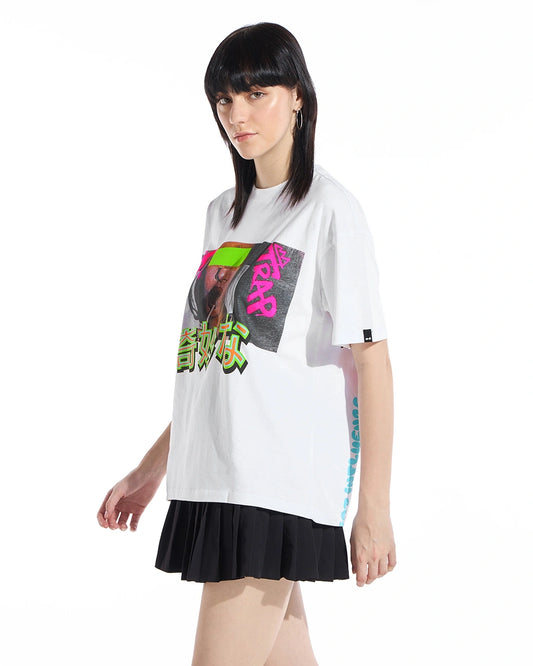 Women's White Sus Graphic Printed Oversized T-shirt